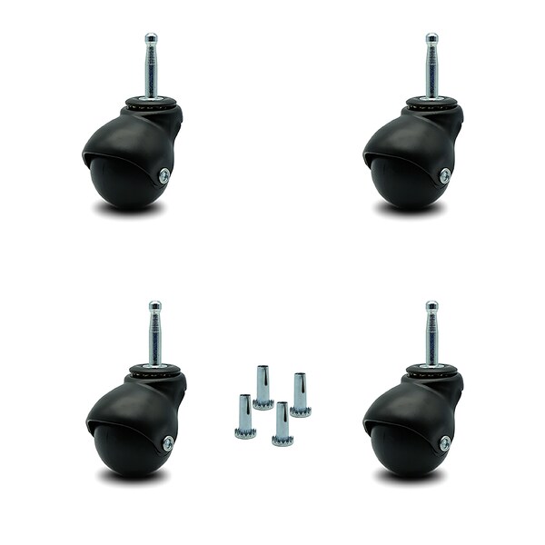 2 Inch Flat Black Hooded Grip Neck Ball Casters, 4PK